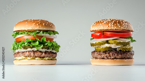 Delicious Beef Burgers with Fresh Vegetables and Toppings on Display