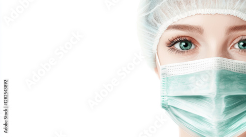 Close-Up of Woman Wearing Surgical Mask and Hairnet in Clinic Setting