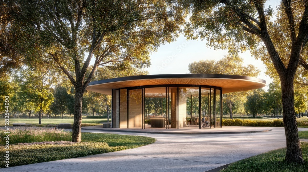 Modern circular pavilion nestled in a tranquil park setting Modern circular pavilion nestled in a tranquil park setting