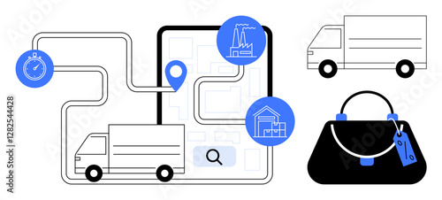 Logistics scene displaying a route map on a tablet with icons for stopwatch, factory, and warehouse. Includes two cargo vans and a handbag representing delivery. Ideal for shipping, e-commerce