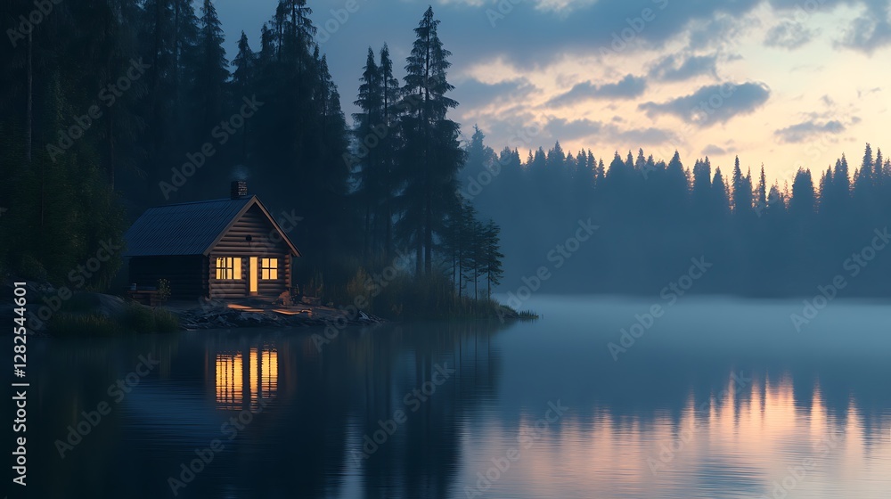 Fototapeta premium Lakeside Cabin Illuminated At Dusk Among Pines