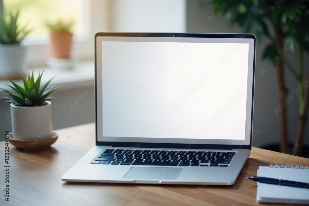 Modern desk, laptop, stationery, blank screen, desk, elegant, clean Modern desk, laptop, stationery, blank screen, desk, elegant, clean
