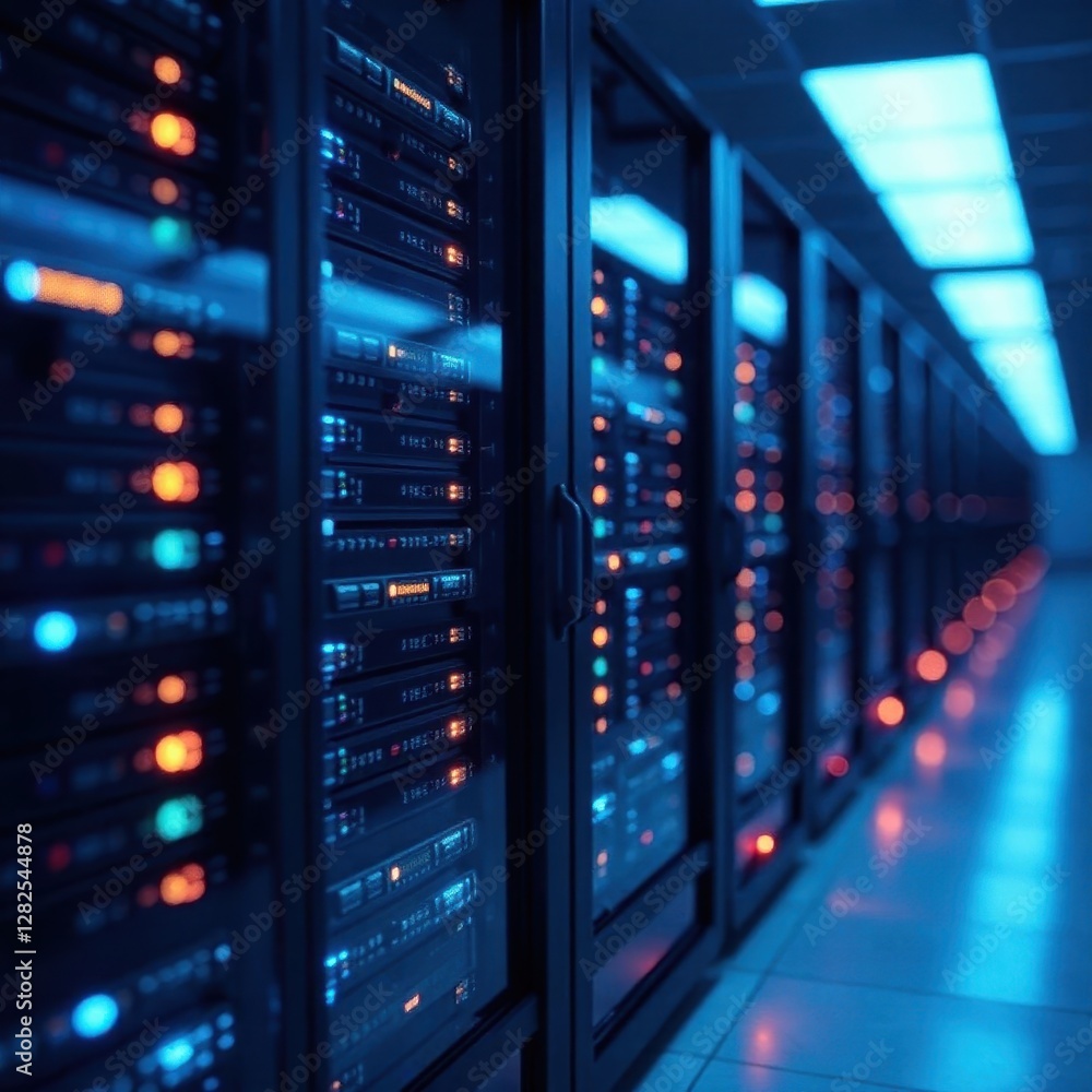 Gleaming server racks, vibrant blue data streams, futuristic architecture, innovation, server farm
