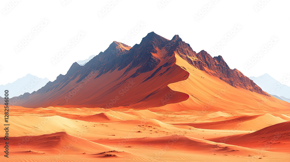 Naklejka premium Crimson Peaks and Sandy Dunes: An awe-inspiring vista of rugged, red-hued mountains juxtaposed against rolling sand dunes, capturing the stark beauty of a remote desert landscape. 