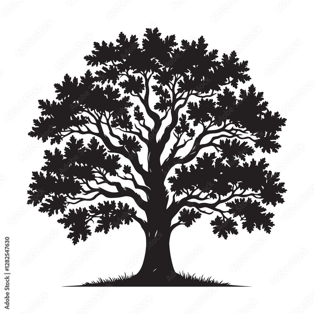 Obraz premium Oak tree with leaves silhouette Silhouette Vector Illustration, Solid White Background.