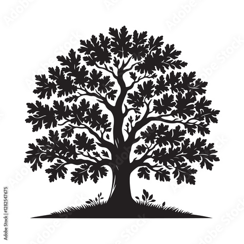 Oak tree with leaves silhouette  Silhouette Vector Illustration, Solid White Background.