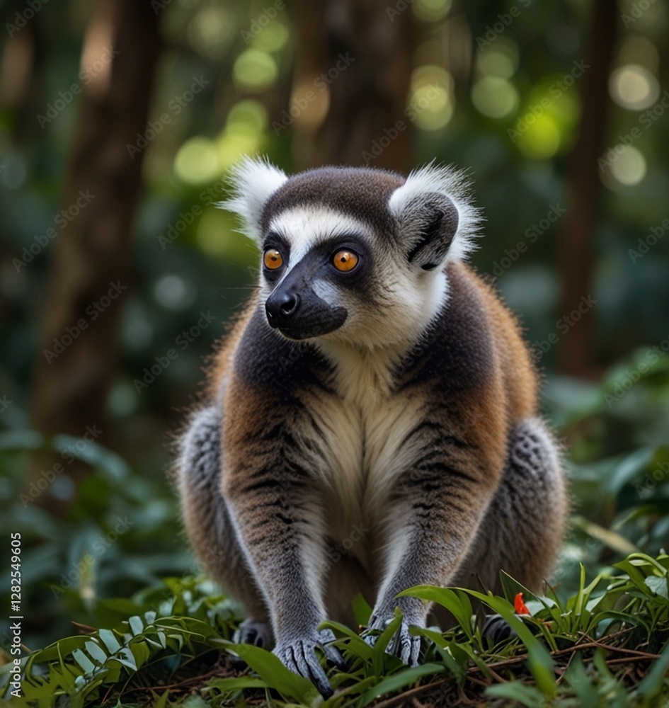 Obraz premium A Heartwarming Moment: Lemur Carrying Baby in Lush Tropical Forest Surrounded by Exotic Flora and Natural Beauty, Showcasing the Bond Between Mother and Offspring in Wildlife Photography See Less Ai g