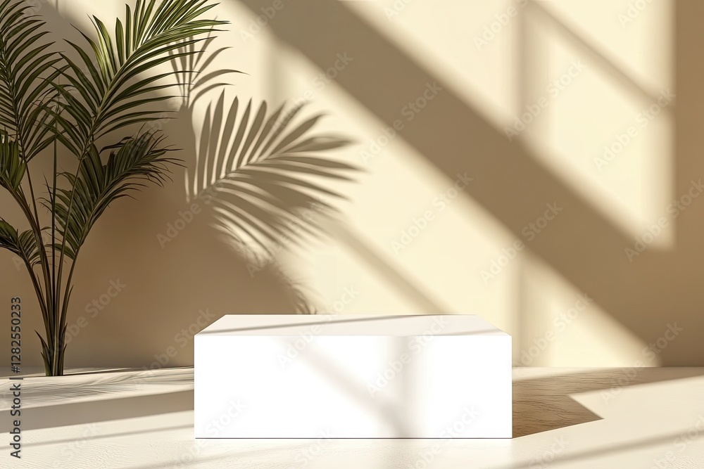 White platform, sunlit room, palm shadow, product display White platform, sunlit room, palm shadow, product display