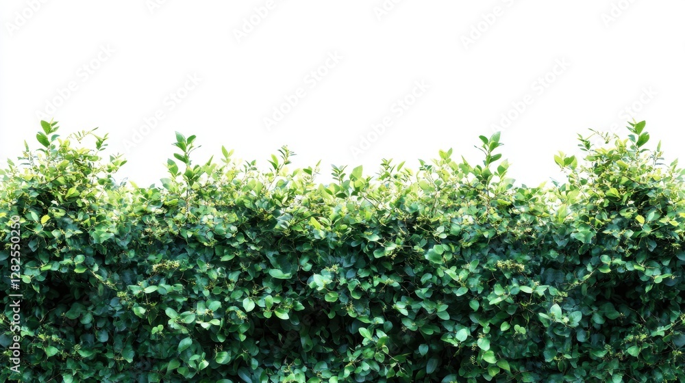A green hedge with leaves is shown in a white background. The hedge is full of green leaves and is very dense A green hedge with leaves is shown in a white background. The hedge is full of green leaves and is very dense