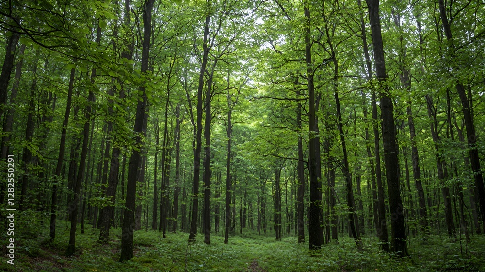 Lush Green Forest Canopy with Sunlight Streaming Through Lush Green Forest Canopy with Sunlight Streaming Through