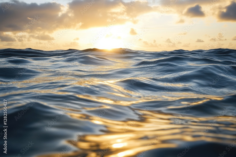 Waves ripple under a golden sunset at the ocean horizon creating a serene atmosphere of tranquility and beauty. Generative AI