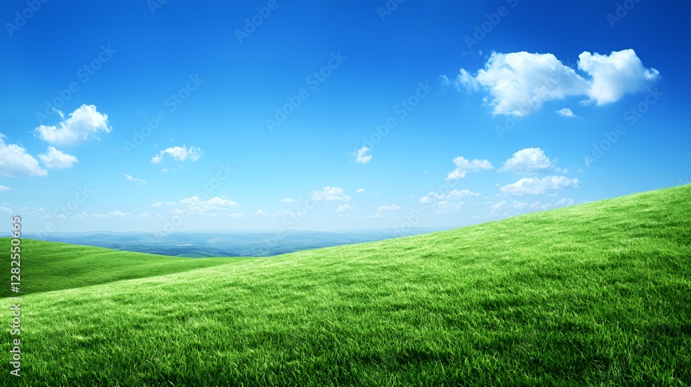 Obraz premium Bright Sunny Day Landscape Rolling Green Hills Under Blue Sky with Fluffy White Clouds