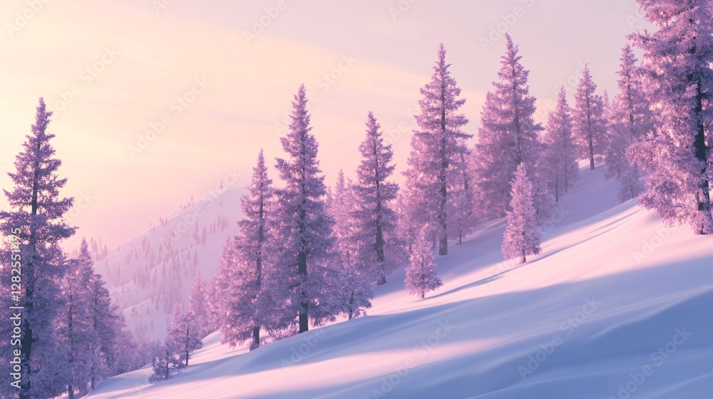 Obraz premium Pink dawn illuminates snowy mountain slope and frosty pine trees forest
