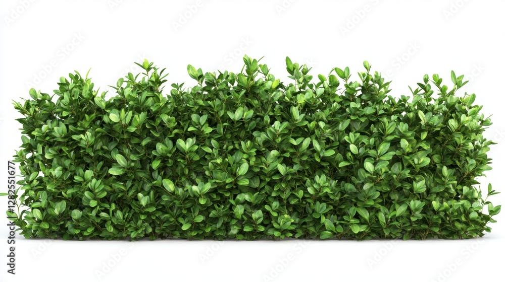 A green hedge with leaves is shown in a white background. The hedge is full of green leaves and is very dense A green hedge with leaves is shown in a white background. The hedge is full of green leaves and is very dense