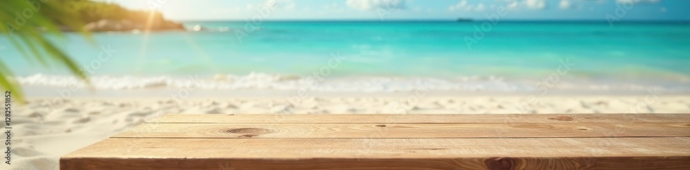 Fototapeta premium Sun-drenched sandy beach, blurred ocean, wooden table Perfect for summer product display , travel, sandy beach, clear