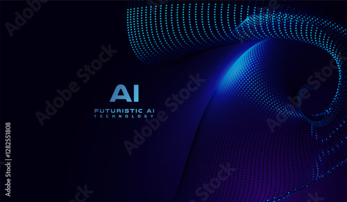 A glowing blue wave of digital particles against a dark background, symbolizing artificial intelligence and advanced technology. The text AI - Futuristic AI Technology enhances the theme of innovation