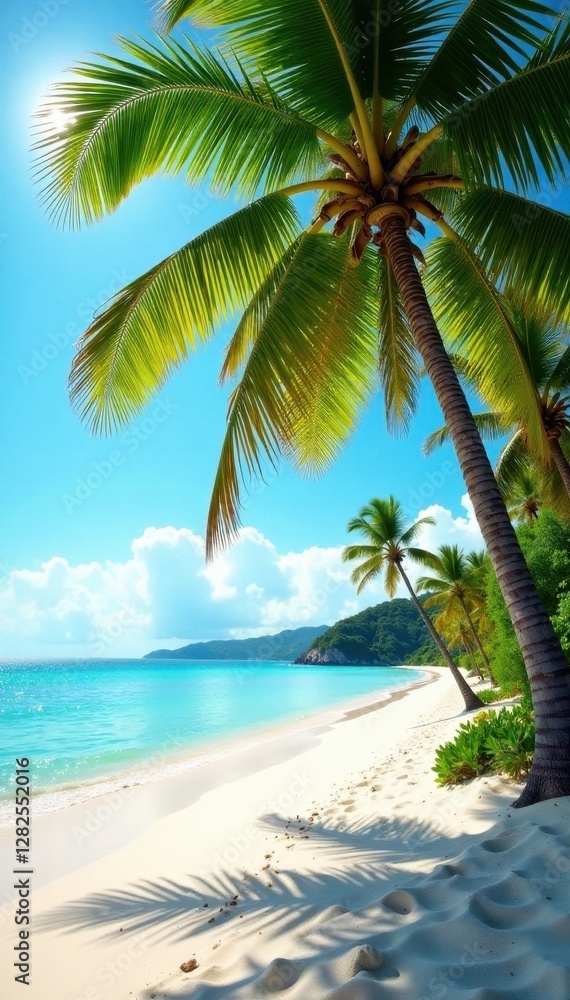 Obraz premium Vibrant coconut palms on sunny beach, idyllic scene, vegetation, photography
