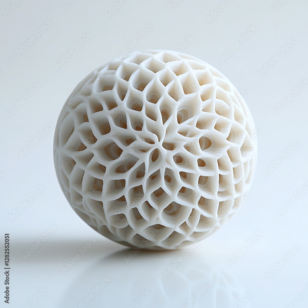 3D-printed ball with an intricate geometric pattern, in an ivory color, on a white background, 3D-printed ball with an intricate geometric pattern, in an ivory color, on a white background,