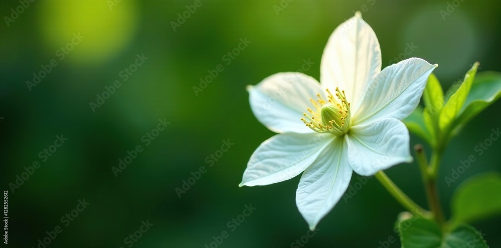Large white clematis flower bud with long stem, stem, leafy, flowers Large white clematis flower bud with long stem, stem, leafy, flowers