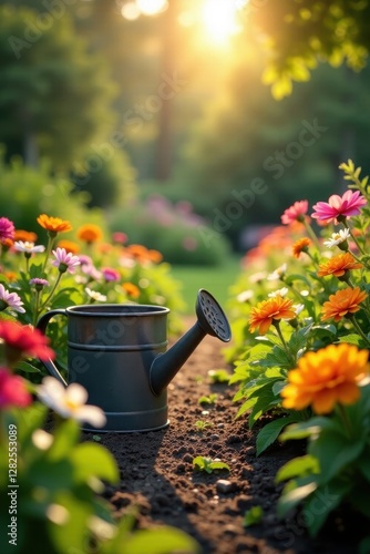 Sunlit garden, vibrant blooms, trowel & watering can, petal, stem, botany