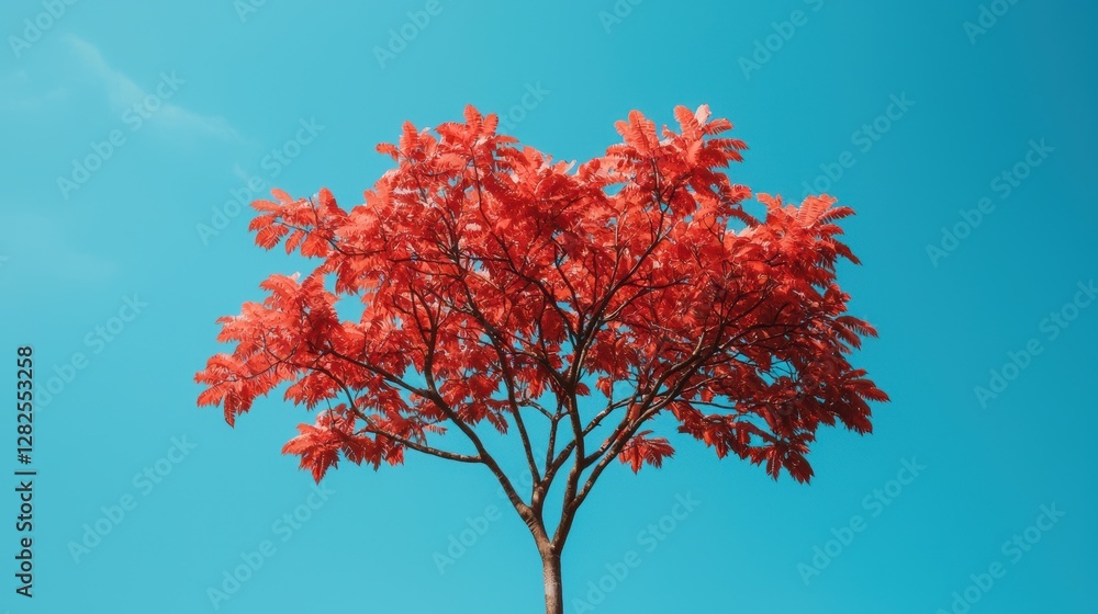 Vibrant red tree against a clear blue sky Vibrant red tree against a clear blue sky