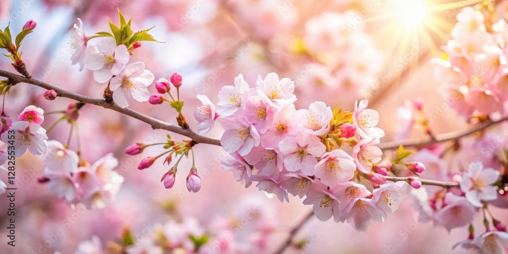 Delicate pink cherry blossoms in full bloom against a soft white background with subtle sunlight filtering through leaves and branches, tree in bloom, blossom tree Delicate pink cherry blossoms in full bloom against a soft white background with subtle sunlight filtering through leaves and branches, tree in bloom, blossom tree