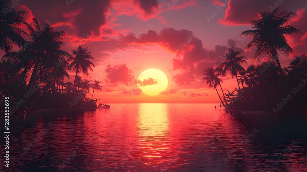 Serene sunset over a tranquil tropical beach with palm trees reflecting on calm waters Serene sunset over a tranquil tropical beach with palm trees reflecting on calm waters
