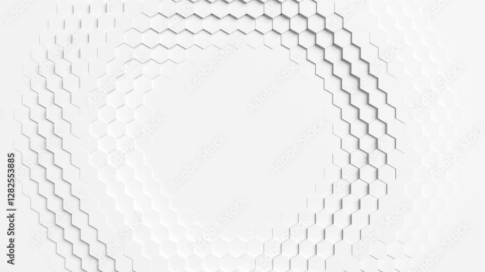 A white circle with a hexagonal pattern surrounding it. Looped animation