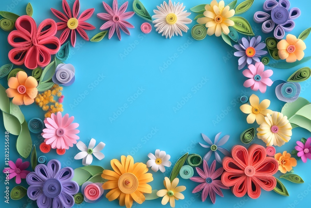 Colorful paper flowers frame, blue background, greeting card design Colorful paper flowers frame, blue background, greeting card design