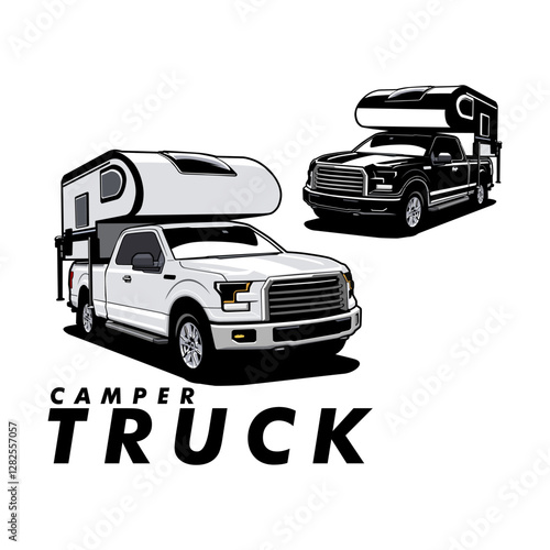 camper pickup truck illustration design logo black and white vector