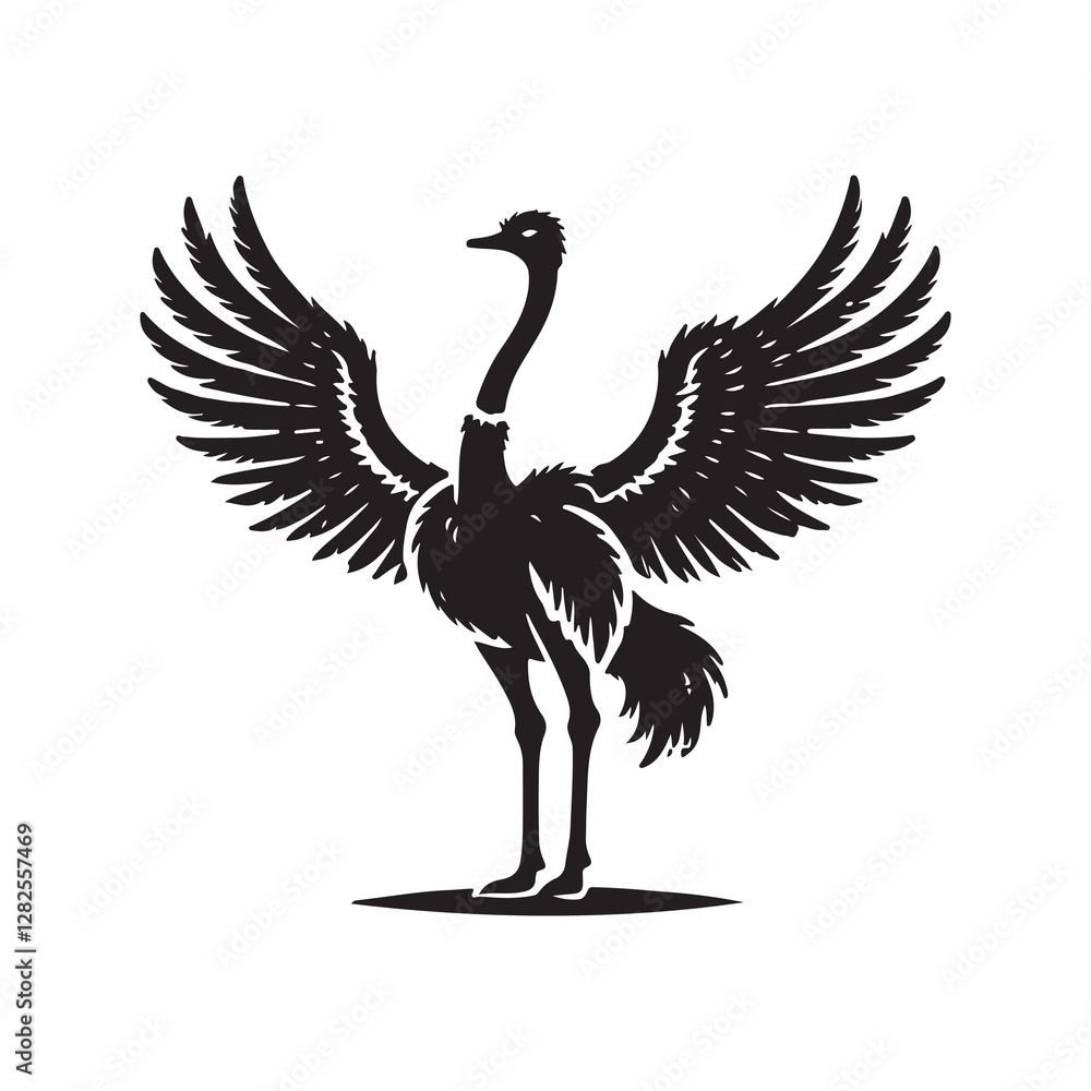 Fototapeta premium Ostrich with wings outstretched Silhouette Vector Illustration, Solid White Background.