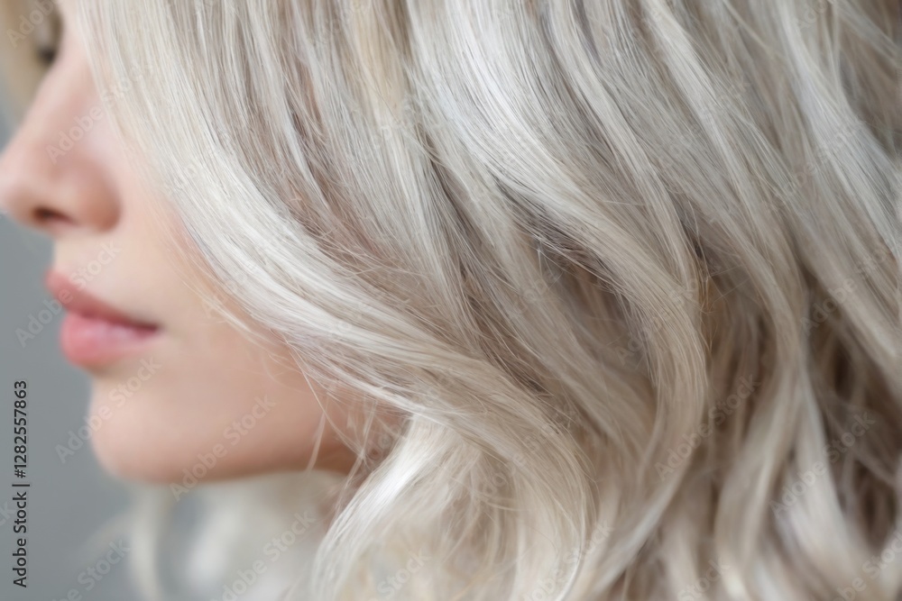 Closeup portrait of serene woman with long wavy blonde hair and healthy shiny texture, looking away against neutral background. Closeup portrait of serene woman with long wavy blonde hair and healthy shiny texture, looking away against neutral background.