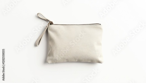 Top view of blank canvas clutch bag for cosmetics. Empty small cotton sac template. Perfect for showcasing clear wallet design, accessory store product display.