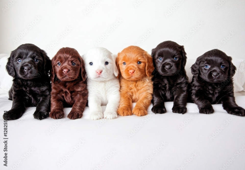 Obraz premium Adorable Puppies of Various Colors Displayed on Soft White Blanket
