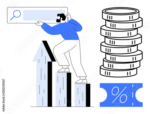 Person climbing bar graph holds search bar, tall coin stack, percentage icon. Ideal for business strategy, financial growth, market research, investment profitability, SEO, economic success digital