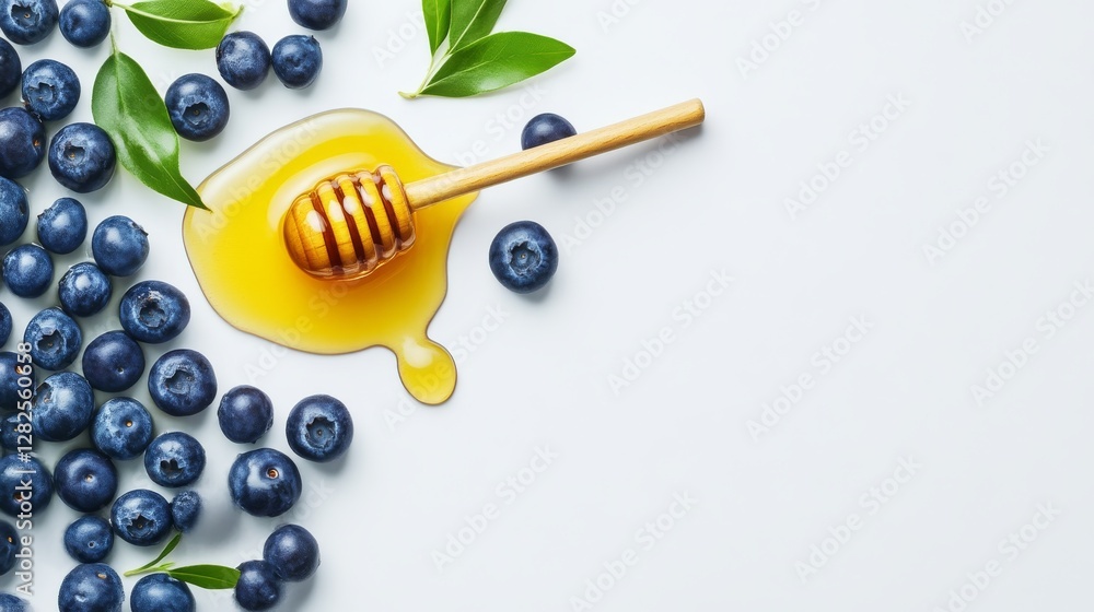 Fresh blueberries drizzled with golden honey on white background. Blueberries in a sweet and healthy combination perfect for a natural snack. Fresh blueberries drizzled with golden honey on white background. Blueberries in a sweet and healthy combination perfect for a natural snack.