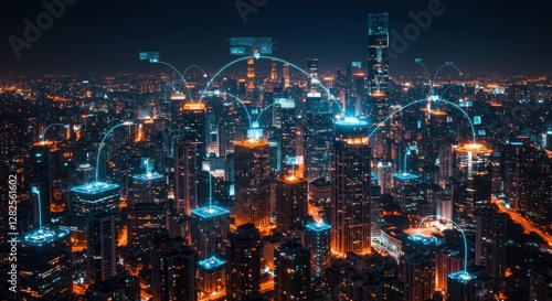 Fototapeta Naklejka Na Ścianę i Meble -  A breathtaking futuristic smart city at night illuminated by glowing blue and orange digital lights