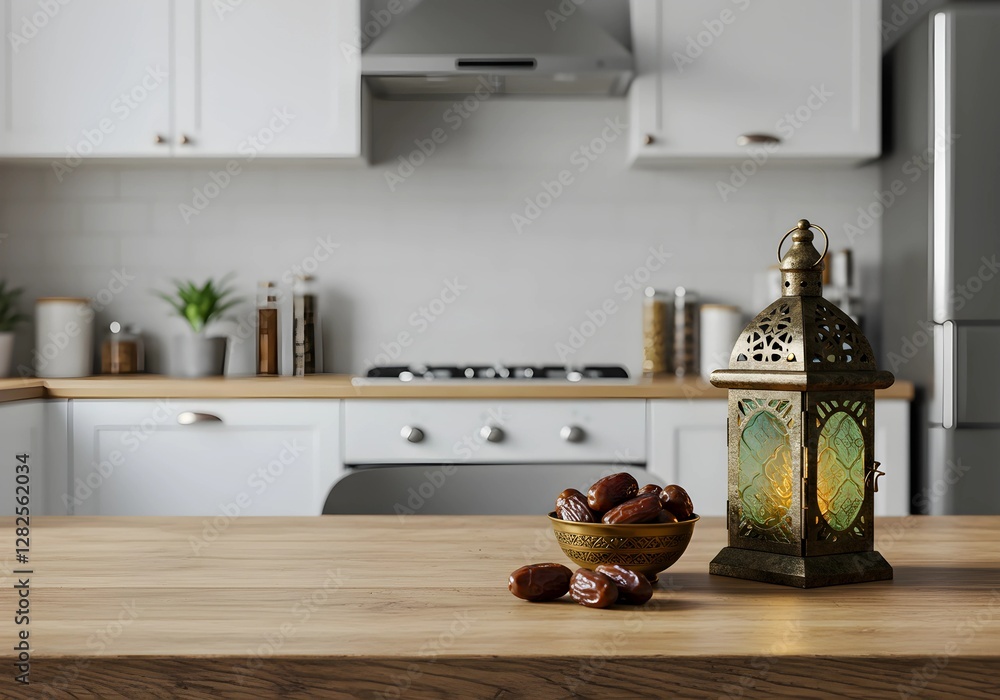 A lantern and dates are placed on a wooden table with a clean kitchen at home for a Muslim feast in the holy month of Ramadan Kareem. A lantern and dates are placed on a wooden table with a clean kitchen at home for a Muslim feast in the holy month of Ramadan Kareem.