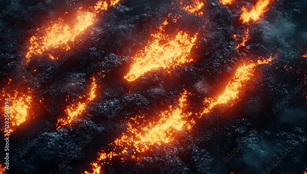 Aerial Lava Flow, Volcanic Eruption, Night, Smoke, Disaster Aerial Lava Flow, Volcanic Eruption, Night, Smoke, Disaster
