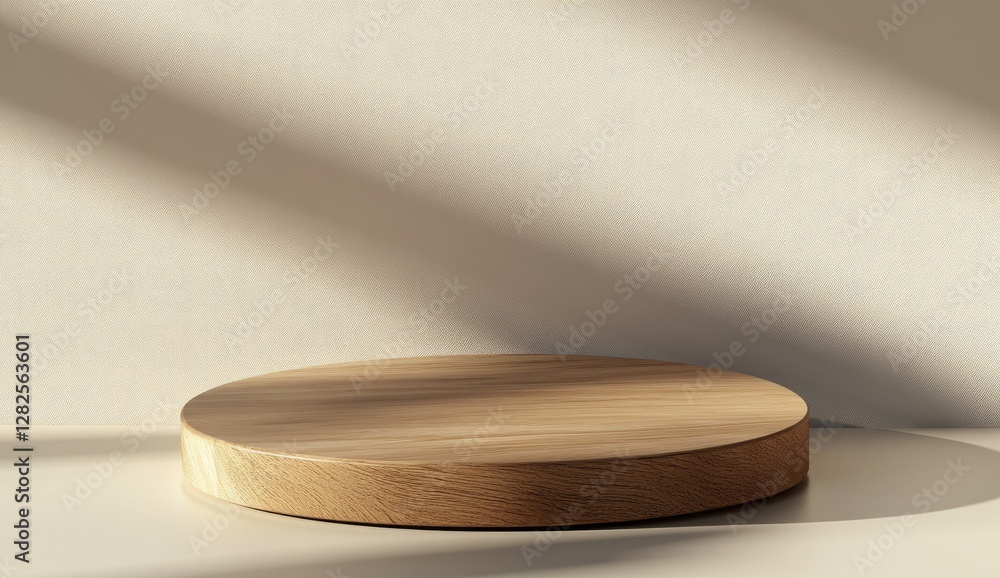 Wooden display platform, sunlight, minimalist background, product presentation Wooden display platform, sunlight, minimalist background, product presentation