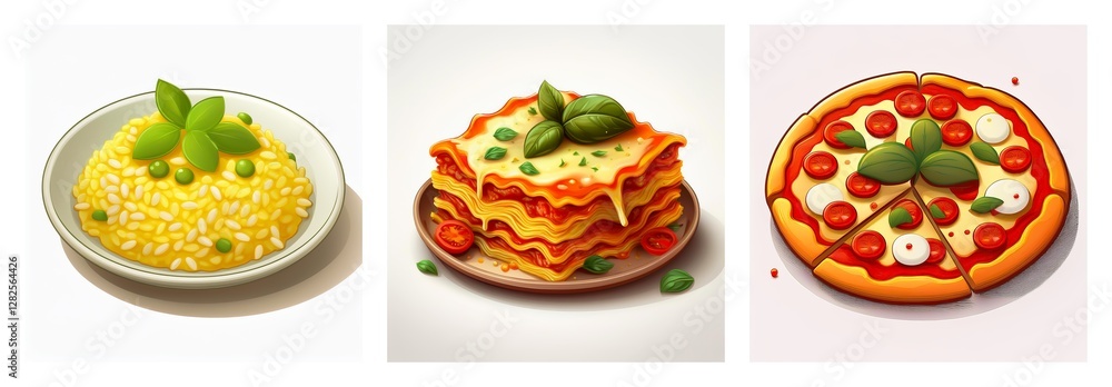 Three dishes, risotto, lasagna, and pizza, are displayed. Each dish is topped with green basil leaves and presented on a white background. Three dishes, risotto, lasagna, and pizza, are displayed. Each dish is topped with green basil leaves and presented on a white background.