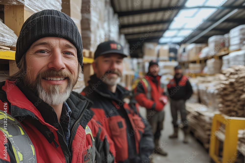 Obraz premium Seasoned workers in winter work suits smile in warehouse, showcasing teamwork and camaraderie. Their warm expressions reflect positive work environment