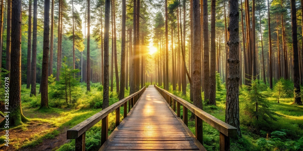 Obraz premium Dense pine forest with tall trees and underbrush, sunlight filtering through canopy leaves