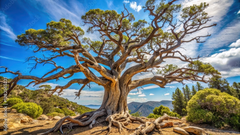 Weathdered tree with gnarled branches and twisted trunk exposed to harsh sunlight, rugged, decay, rugged, decay,weathered tree Weathdered tree with gnarled branches and twisted trunk exposed to harsh sunlight, rugged, decay, rugged, decay,weathered tree