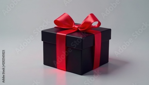 Sleek black gift box with striking red neon ribbon detail , shiny, backdrop, gift box