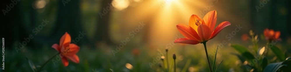 Fototapeta premium Sunlight filters through, a lone lily blooming, flowers, darkness, light