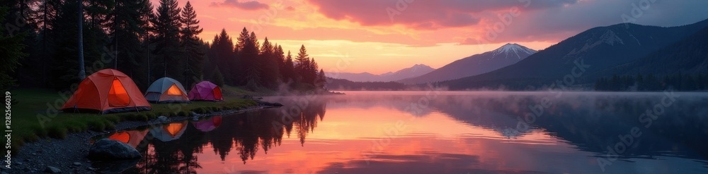 Fototapeta premium Sunrise paints tranquil lake, tents neatly lined on shore , shoreline, outdoor, calm