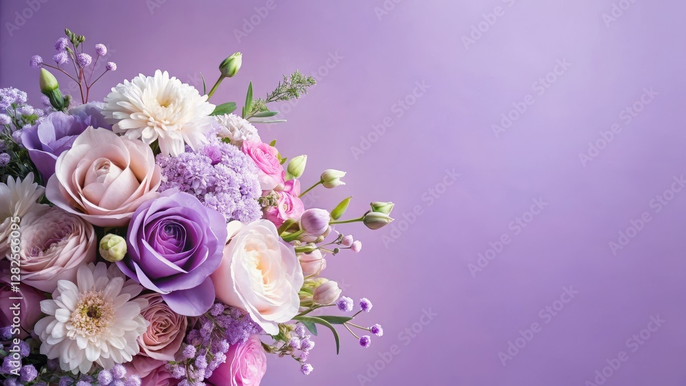 Pastel violets and pastel pinks mixed with delicate white flowers in a whimsical floral arrangement against a soft purple background , violets, flowers Pastel violets and pastel pinks mixed with delicate white flowers in a whimsical floral arrangement against a soft purple background , violets, flowers