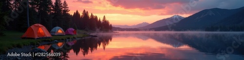 Wallpaper Mural Sunrise paints tranquil lake, tents neatly lined on shore , shoreline, outdoor, calm Torontodigital.ca