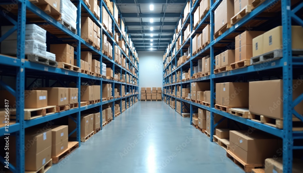 Wide-angle view clean warehouse organized shelving impacting business efficiency. Storage solution facility features logistic optimization for retail process, commercial supply. Good distribution Wide-angle view clean warehouse organized shelving impacting business efficiency. Storage solution facility features logistic optimization for retail process, commercial supply. Good distribution